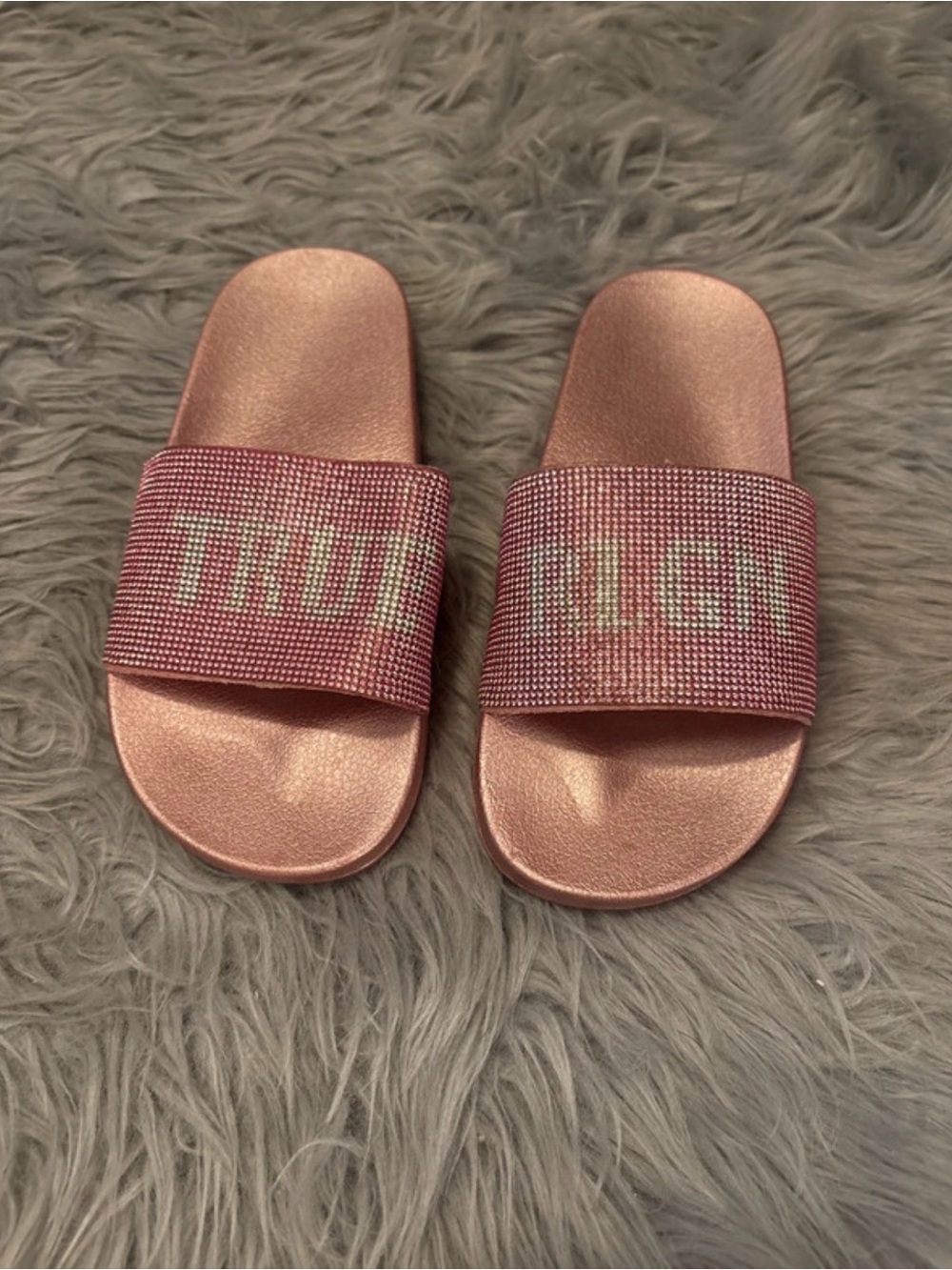 True Religion Rose Pink Rhinestone Slide Sandals